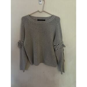 Haute Rouge Sweater Women’s size Sm Grey Lace Up Sleeve Grommet Crew Neck Casual